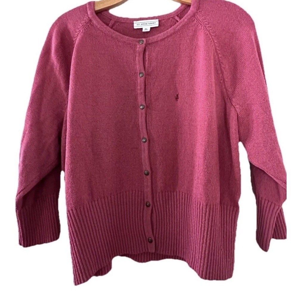St. John Sport Santana Knit Crop Cardigan Sweater Raspberry Pink 3/4 Sleeve FLAW